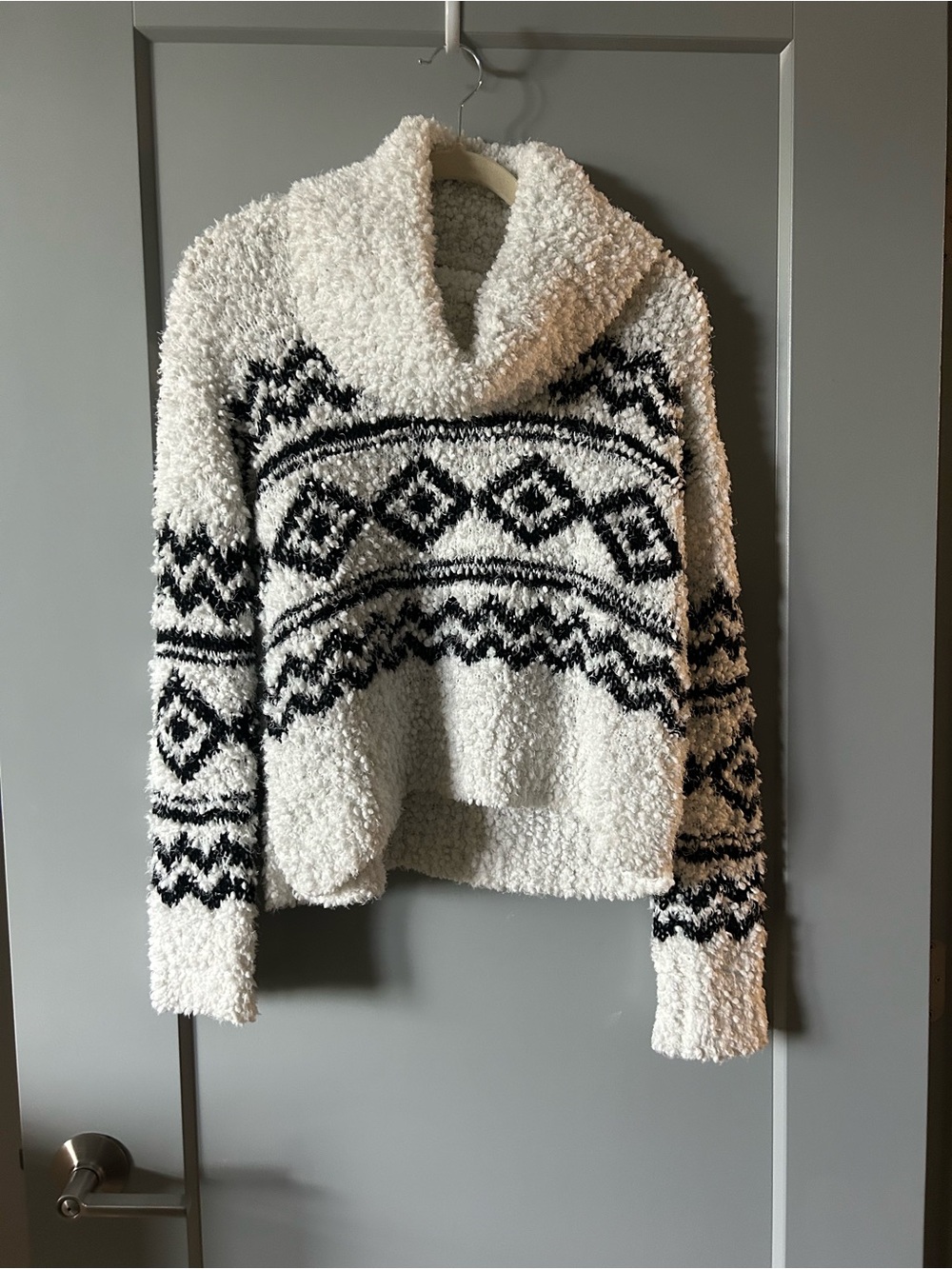 Hippie Rose White & Black Patterned Cowl Neck Bouclé Sweater